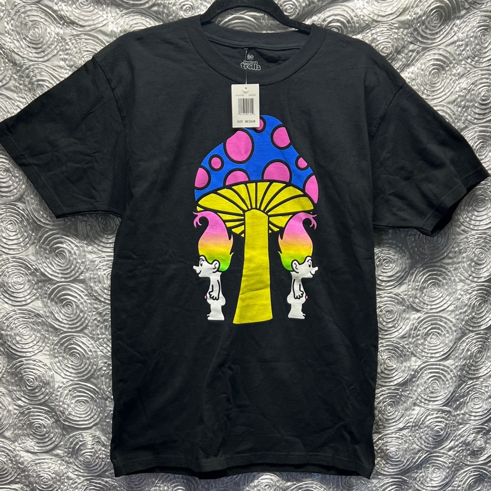 Dreamworks Trolls Black Tee with Colorful Mushroom Design